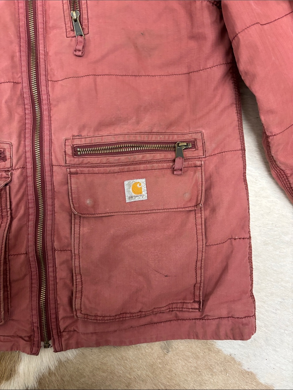 Vintage Carhartt Rust Red Hooded Puffer Jacket - Picture 3 of 5